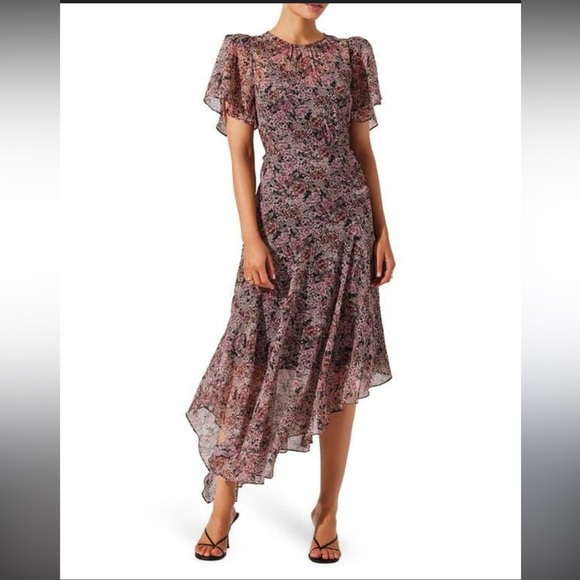 Revolve Astr the Label MIRELLA FLORAL MIDI DRESS Assymetrical ruffled slip - Picture 2 of 14